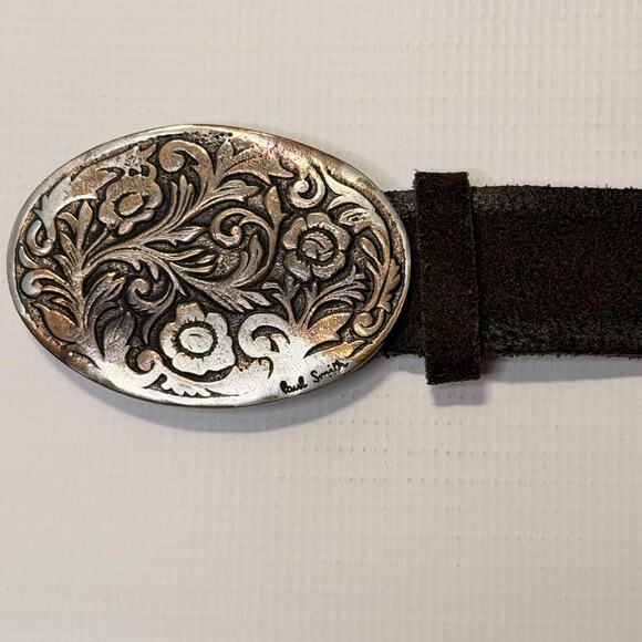 Paul Smith Belt Mens 36 Brown Suede Leather Oval Floral Buckle Made in England - Picture 2 of 11